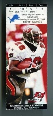Boleto Detroit Lions 1998 22/11 Tampa Bay Buccaneers Barry Sanders último año patio Foto 1 de 2
