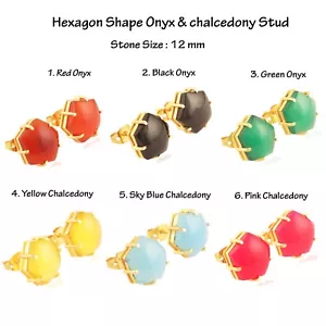 Sechskantform Onyx Chalcedon Taxis Edelstein vergoldet Zinken Set Ohrstecker - Bild 1 von 16