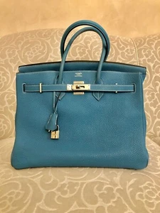 AUTH HERMES BLUE JEANS COLOR 35CM BIRKIN TOGO LEATHER HANDBAG PALLADIUM HARDWARE - Picture 1 of 12