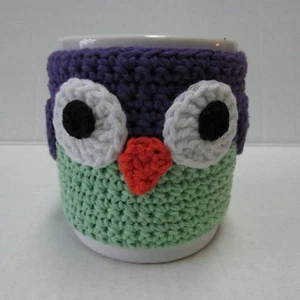 Crocheted Owl Coffee Mug Purple Green Crochet Jacket Ceramic Cup - Picture 1 of 9