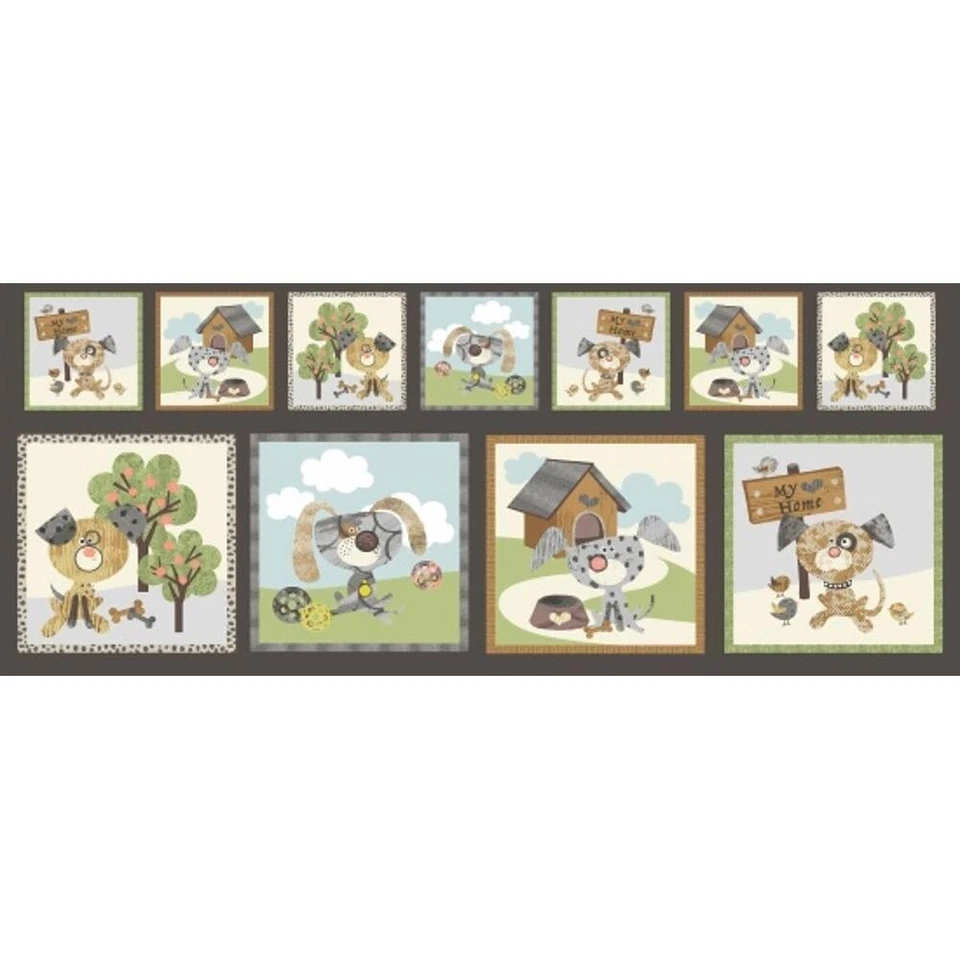 34" Fabric Panel - Blank Quilting Good Doggie Dog & Doghouse Blocks Brown - Image 1 of 1