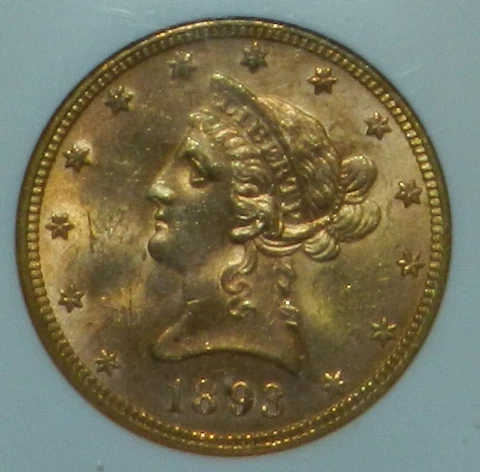 1893 Liberty Gold $10 NGC MS63 Very Very Few Marks/ Good Luster Cover