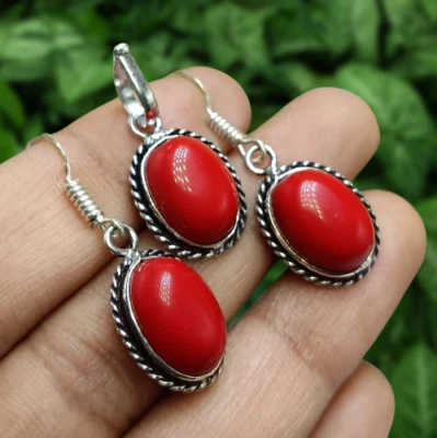 Oferta Juego de Pendientes Colgantes de Piedras Preciosas de Coral Rojo Joyería Chapada en Plata de Ley 925 Foto 1 de 4