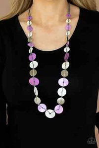 Paparazzi "Seashore Spa"Hammered Silver, Purple & White Shell Disc Cord Necklace - Picture 1 of 3