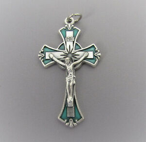 Green & Silver Enamel Rosary Crucifix 2" ITALY rosaries Cross Parts  C202G