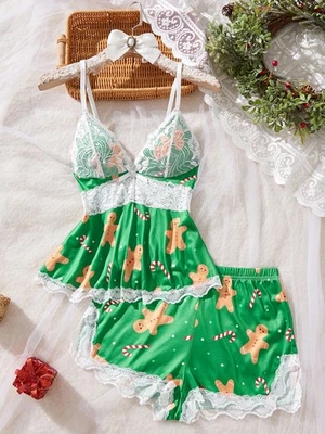 Conjunto de pijama de Navidad para mujer ribete de encaje corto modal sin mangas ropa de dormir ropa de dormir Foto 1 de 4