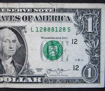 2013 $1 (ONE DOLLAR) - NOTE - SERIAL NUMBER - TRINARY, BOOKENDS "128 88 128" - Image 1 of 3