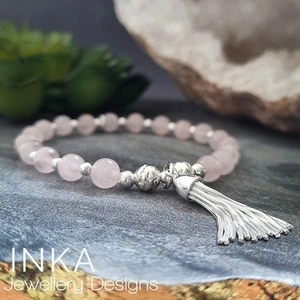 Inka 925 Sterling Silver & Rose Quartz Stacking Bracelet with TASSEL Charm - Picture 1 of 9