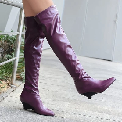 Женские сапоги до колена с заостренным носком 6,5 см на танкетке без застежек большого размера - Изображение 1 из 4