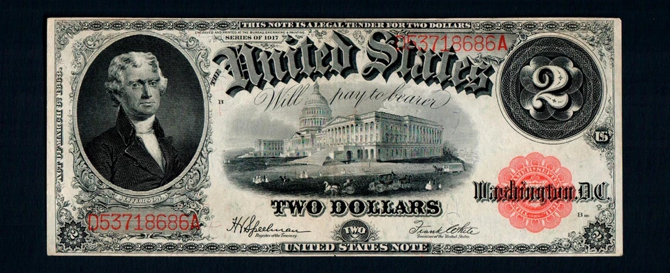 $2 1917 Large Size Legal Tender Note Red Seal Free Shipping (B217) - Image 1 of 2