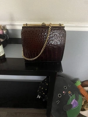 Vintage Brown Real Crocodile  Leather Hand Bag Purse Gold - Image 1 of 4