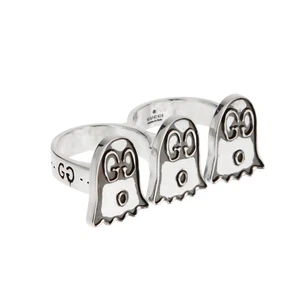 Gucci Ghost Sterling Silver Triple Motif Two Finger Ring Sz 5 3/4 & 7 - Picture 1 of 3