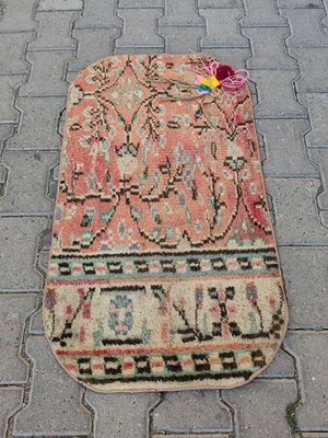 Vintage Turkish Rug Mat 3.3x1.9 ft | Peach Floral Rounded Small Carpet - Image 1 of 4