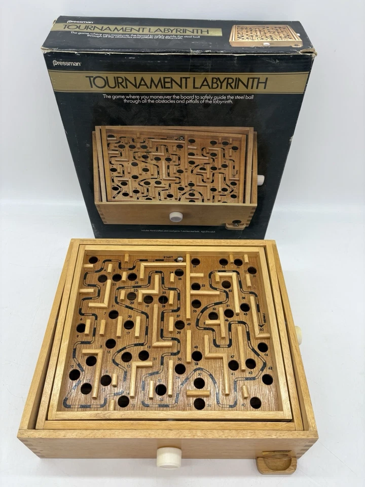 Vintage Pressman Wood TOURNAMENT LABYRINTH Game w/1 Steel Ball & Orig Box #8000 - Image 1 of 4