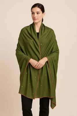 Vintage Green Silk Scarf Stole Artsy Boho Fairy Embroidered OOAK XXL 84x40" - Image 1 of 4