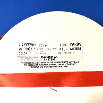Vintage Berwick Satin Ribbon Single Face  5/8" Poppy Red, 100 Yards Spool - Image 1 of 2