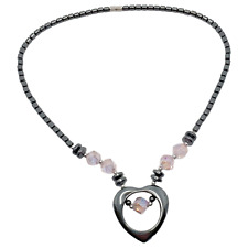 Hematite & Crystal Open Heart Pendant Necklace Pink Glass Bead 18"