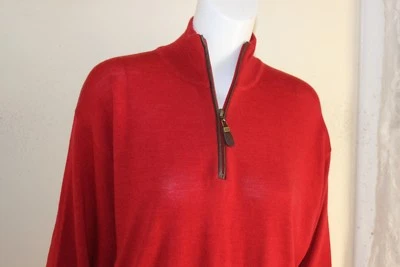 ORVIS -Sz L Stellar Men's Red-Orange 1/2 Zip 100% Merino Wool Leather Sweater - Image 1 of 4