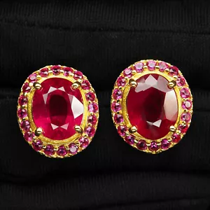 Ravishing Blood Red Ruby 11.70Ct 925 Sterling Silver 24K Gold Plated Earrings - Picture 1 of 5