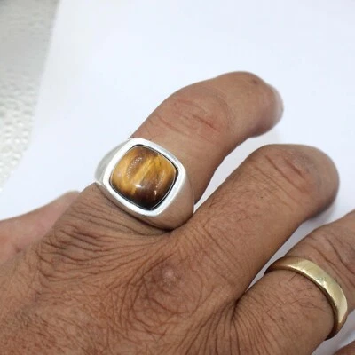 Tiger's Eye Stone Solid 925 Sterling Silver Ring Men's Wedding Band antique Ring - image 1 of 4