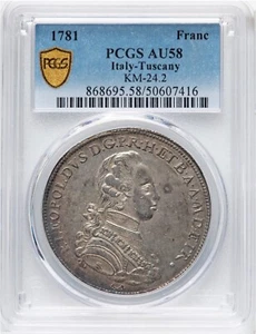 ITALY/ITALIAN STATES TUSCANY 1781 FRANCESCONE SILVER COIN PCGS CERTIFIED AU-58 - Picture 1 of 6