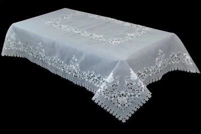 White Silver 54x72 Embroidery Rectangle Organza Tablecloth Napkin Wedding Bridal - Image 1 of 4