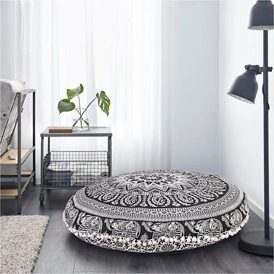 82 Cm Black & White Elephant Mandala Floor Pillow Meditation Round Cushion Cover - Image 1 of 3