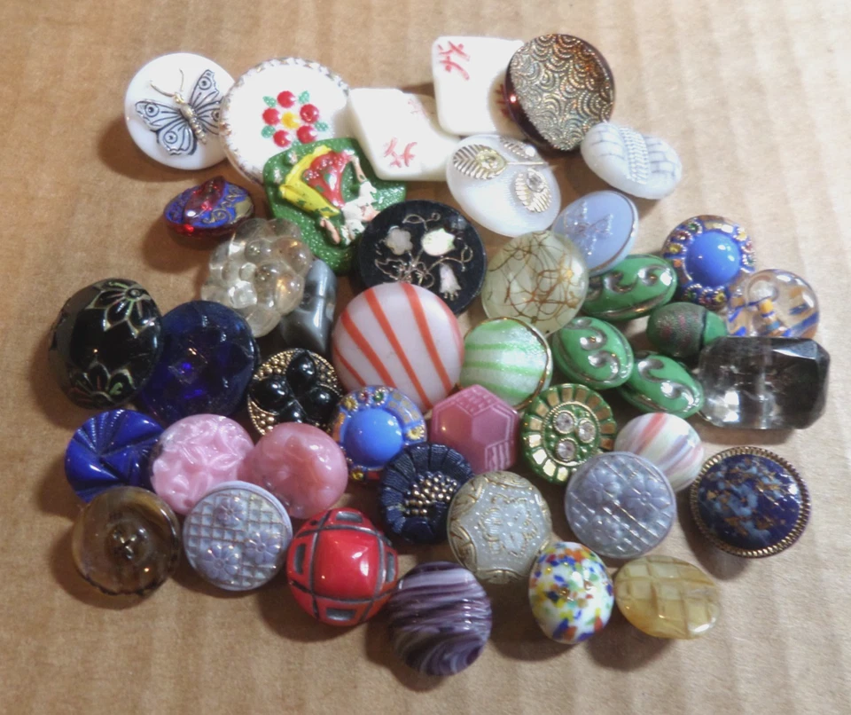 43 Vintage Antique Glass Picture Buttons VARIOUS SHAPES SIZES PATTERNS - Image 1 of 4