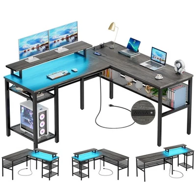 Unikito L Shaped Computer Desk with Magic Power Outlets and Smart LED Light, ... - Image 1 of 4