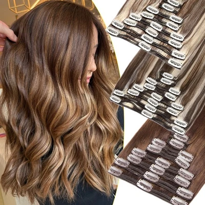 Double Wefted Clip In Remy Real Human Hair Extensions Full Head Ombre Thick 170G - Image 1 of 4