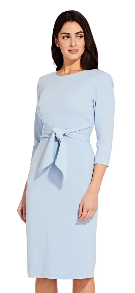 Adrianna Papell Knit Crepe Tie Waist Sheath Dress - Blue Mist - 8 - Image 1 of 1
