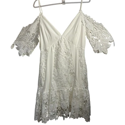 Crocheted Knee Length Babydoll Dress Womens M White Boho Beachy Sheer Fairy Lace - Image 1 of 4