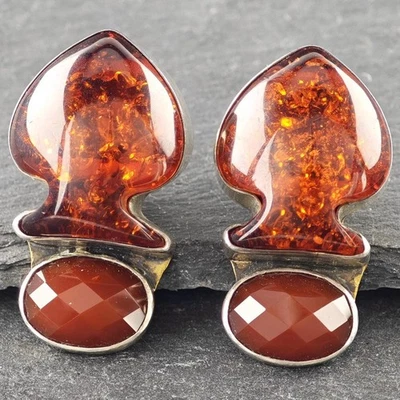 Pendientes AKH Cornalina Rojo Naranja Ámbar Clip-On Plata de Ley, Cobre Trasero Foto 1 de 4