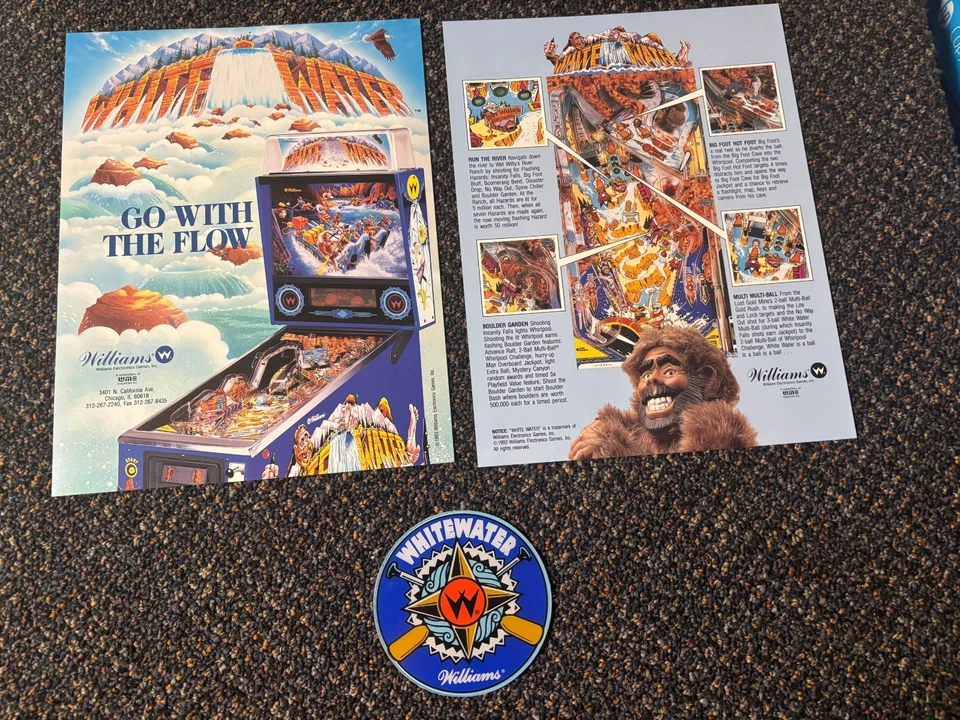 2 BALLY FACTORY ORIGINAL 1992 WHITE WATER PINBALL  PROMO FLYER NEW W/PROMO PLAST - Image 1 of 1