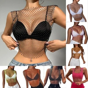 Women Sexy Mesh Tank Tops Rhinestone Glitter See Through Hollow Out Crop Tops - Picture 1 of 57