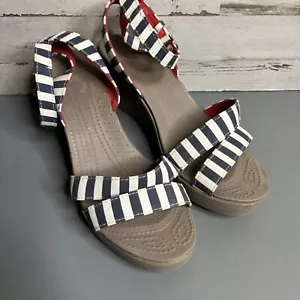 Crocs Leigh II Strappy Blue White Stripe Wedge Sandal Shoe Women Size 9 - Picture 1 of 5