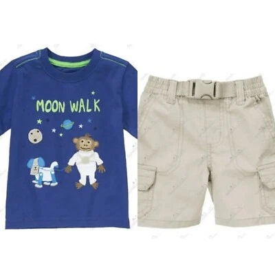 Gymboree 男孩 3T 太空条纹 Astro 猴子 T 恤 防撕短裤套装 全新带标签 — 第 1/4 张图片