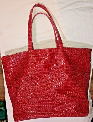 Faux Leather Red Crocodile Scale Pattern Tote Handbag Approximately  18"x12"x8" - Image 1 of 4
