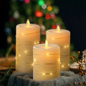 3X LED Pillar Battery Candle Authentic Flame White Wax Remote Control Flickering - Picture 1 of 19