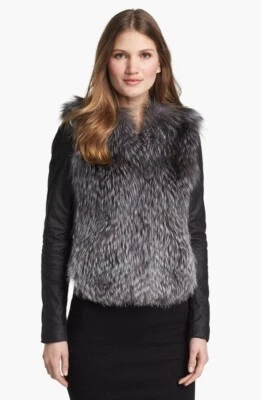 Abrigo Chaqueta VINCE Negro Manga Cuero Plateado Zorro Talla S Foto 1 de 4