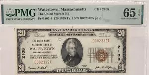 1929 $20 Watertown Massachusetts PMG 65 Gem Uncirculated Charter # 2108 EPQ - Picture 1 of 2