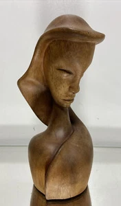 Vintage Antique Art Deco Carved Wood Female Head Sculpture Signed  - Picture 1 of 12