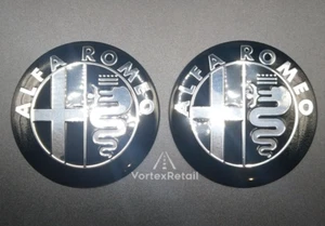 2X 74mm ALFA ROMEO EMBLEM BADGES BLACK & SILVER GT 147 159 MITO GIULIETTA BONNET - Picture 1 of 4