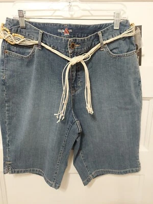 Nwts $40 Style & Co Ladies Size 12 Blue Denim Belted Bermuda Shorts - Image 1 of 4