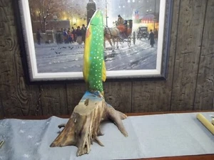 Chainsaw Carving 24" PAINTED TROUT-TREE STUMP CARVED PAINTED TROUT SIGNED - Picture 1 of 17