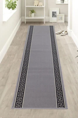 RUGSTYLESONLINE Custom Size Rubber Collection Meander Design Grey Non Slip Washable Runner Rug