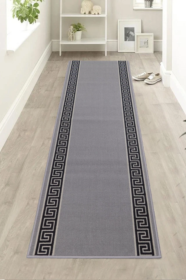 Custom Size Rubber Collection Meander Design Grey Non Slip Washable Runner Rug - Image 1 of 4