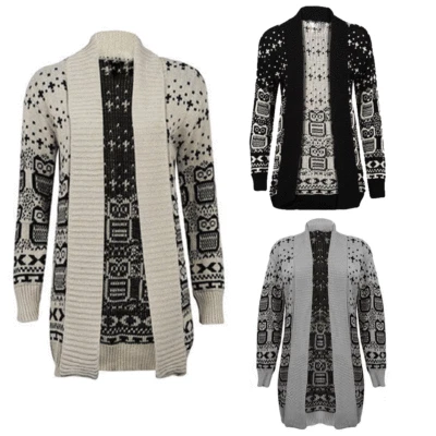 Womens Ladies Owl Print Knitted Long Sleeve Jumper Open Cardigan Plus Size 8-26 - Image 1 of 4