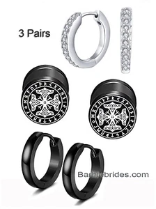 1Pair Viking Runes Stud 1Pair Black Hoop 1Pair Silver CZ Hoop Men Women Earrings - Picture 1 of 17