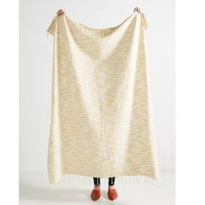 Anthropologie Tala Textured Woven Cotton Fringe Throw Blanket Yellow 50"x70" - Picture 1 of 5